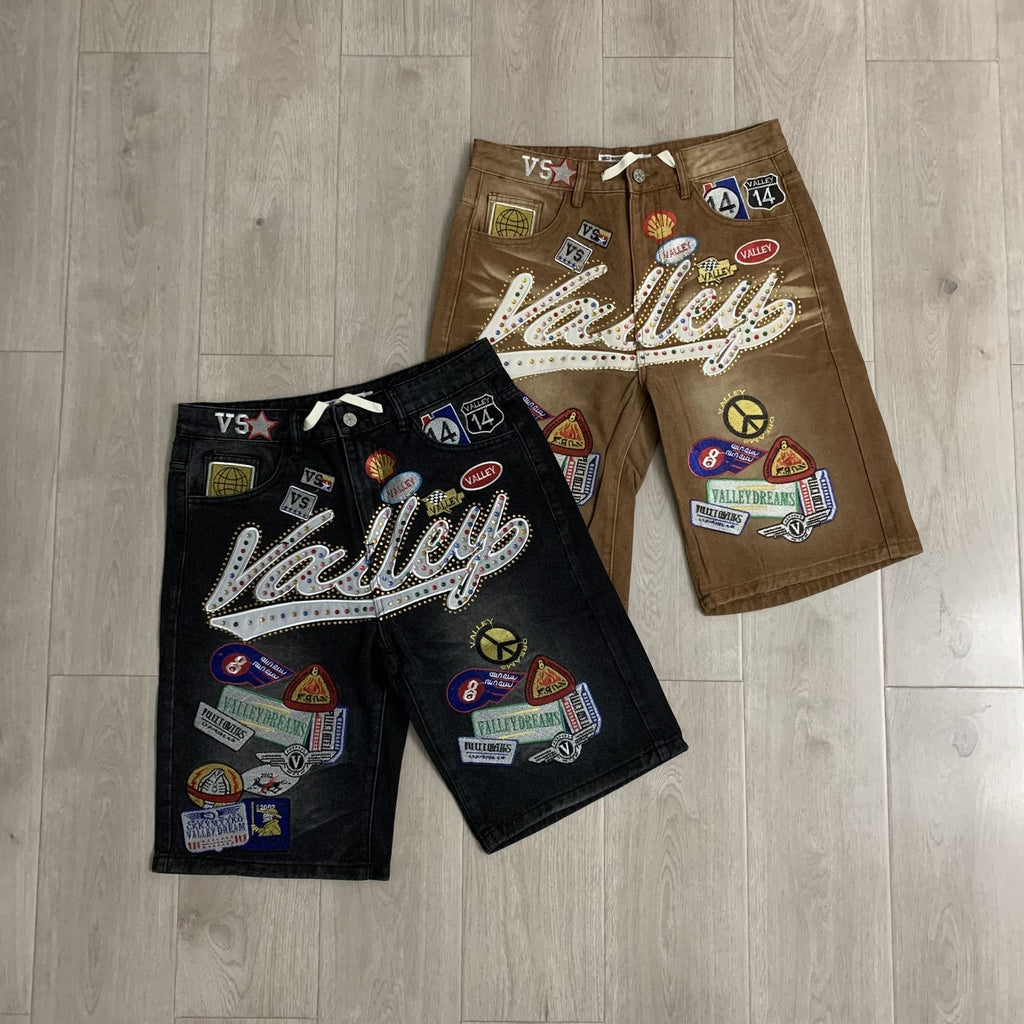 VALE 1980s Patch Rhinestone Denim Shorts